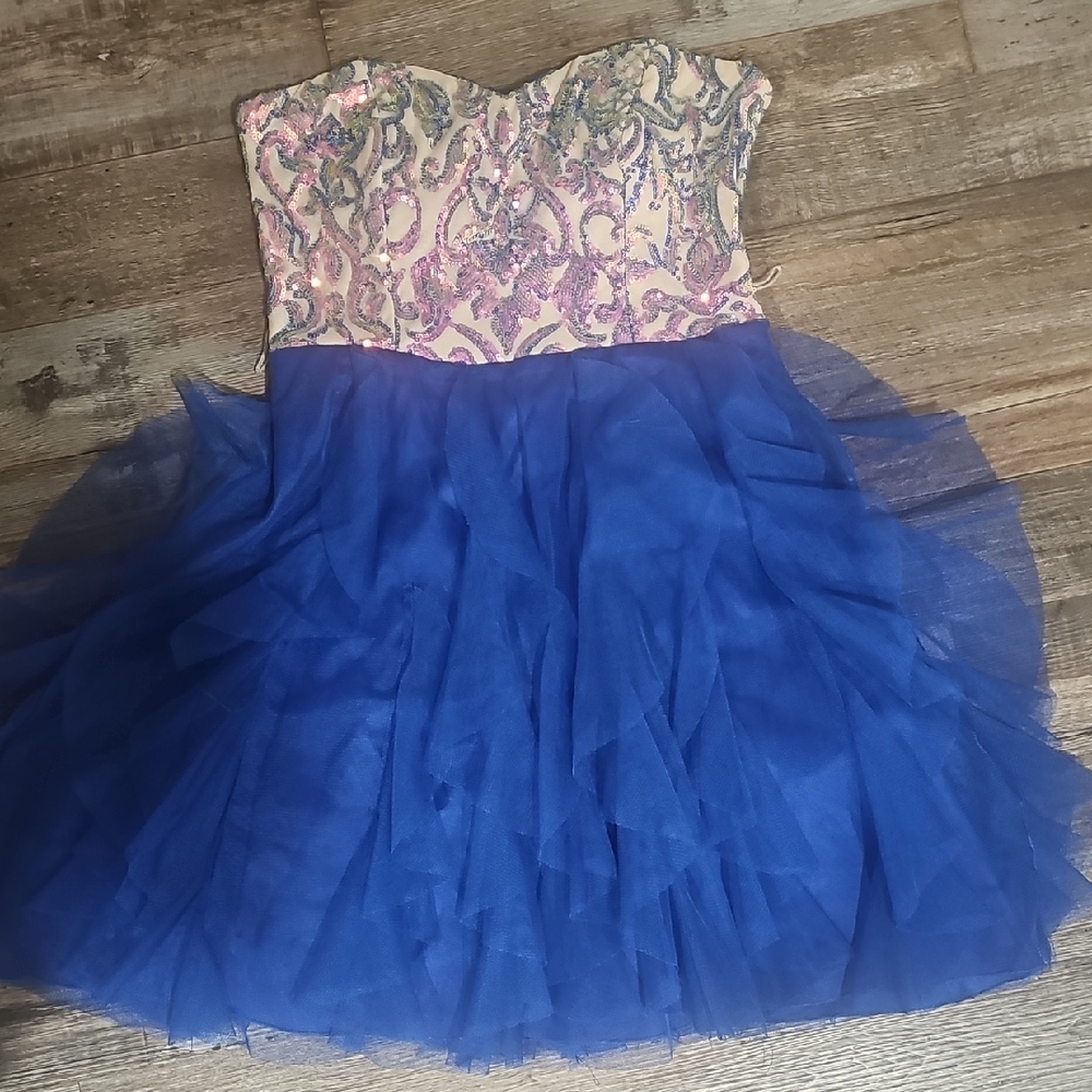 Teeze Me Blue and Cream Formal Strapless Dress